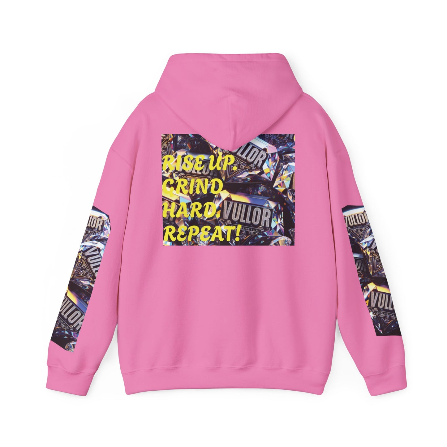 VULLOR 4K DIAMOND ENGRAVED HOODIE, DRIP COLLECTION, LUXURY, "Rise Up Grind Hard Repeat!" Motivational Graphic Hoodie - Unisex Heavy Blend™
