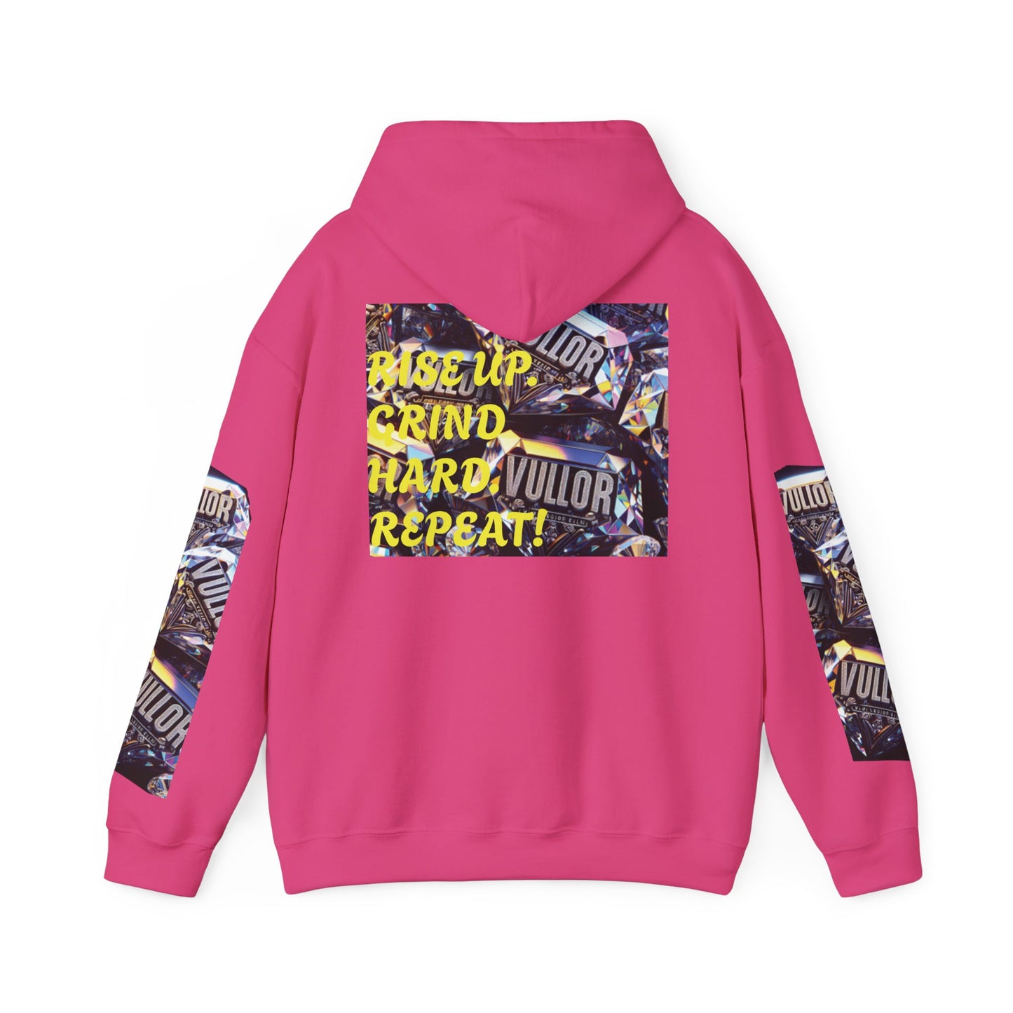 VULLOR 4K DIAMOND ENGRAVED HOODIE, DRIP COLLECTION, LUXURY, "Rise Up Grind Hard Repeat!" Motivational Graphic Hoodie - Unisex Heavy Blend™