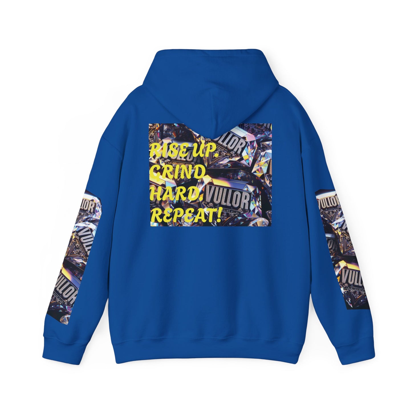 VULLOR 4K DIAMOND ENGRAVED HOODIE, DRIP COLLECTION, LUXURY, "Rise Up Grind Hard Repeat!" Motivational Graphic Hoodie - Unisex Heavy Blend™