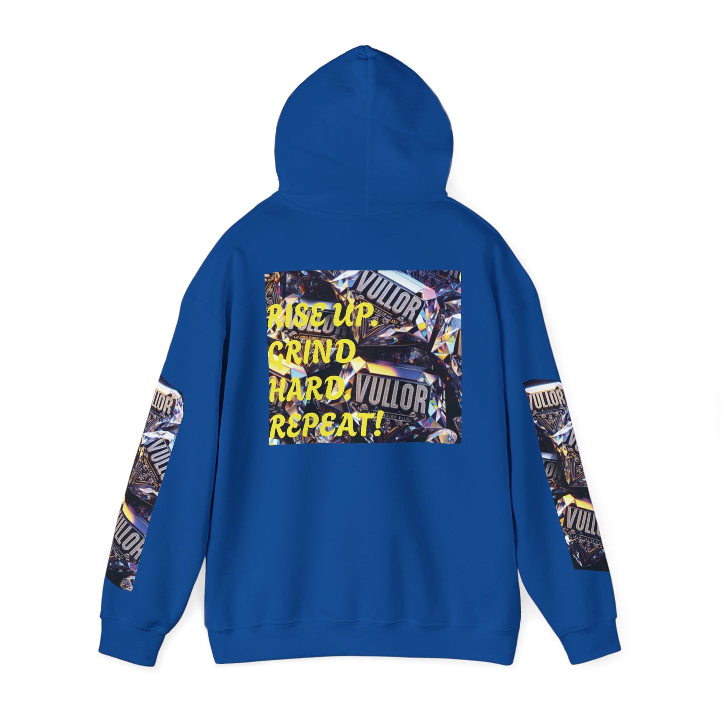 VULLOR 4K DIAMOND ENGRAVED HOODIE, DRIP COLLECTION, LUXURY, "Rise Up Grind Hard Repeat!" Motivational Graphic Hoodie - Unisex Heavy Blend™