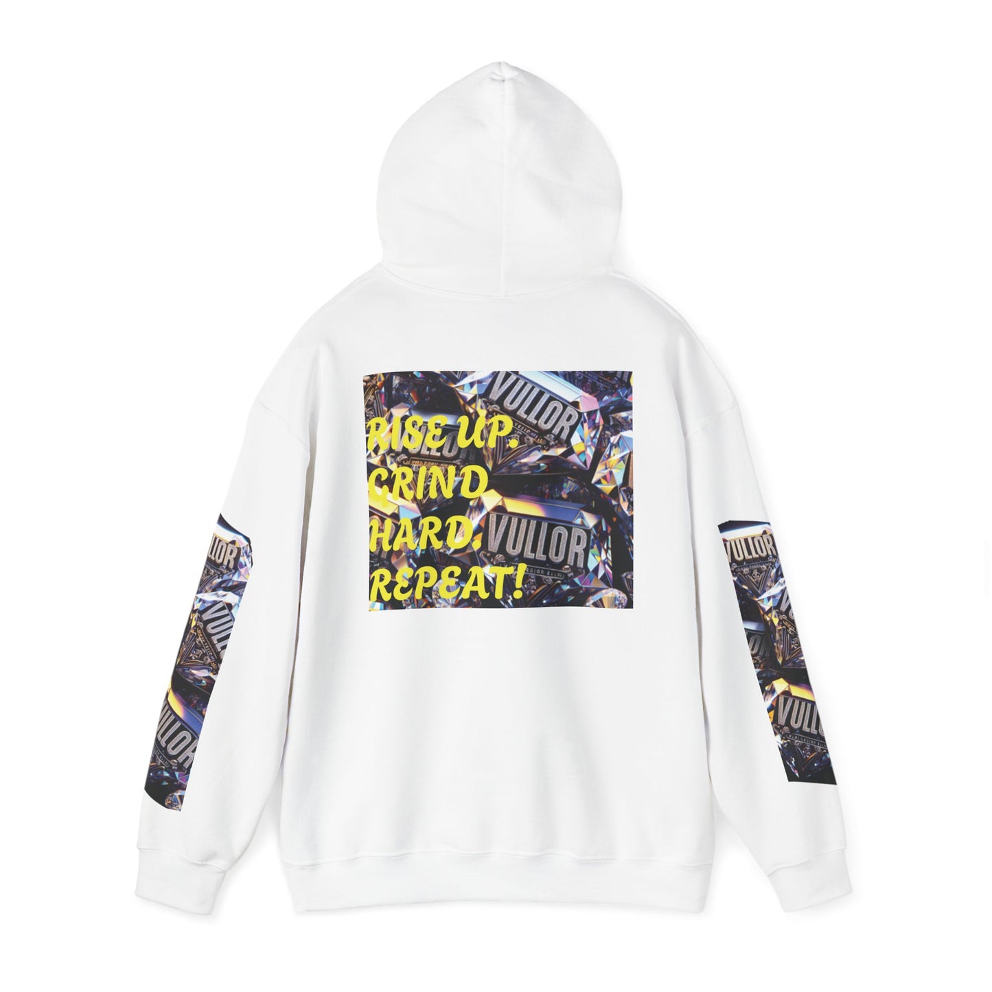 VULLOR 4K DIAMOND ENGRAVED HOODIE, DRIP COLLECTION, LUXURY, "Rise Up Grind Hard Repeat!" Motivational Graphic Hoodie - Unisex Heavy Blend™