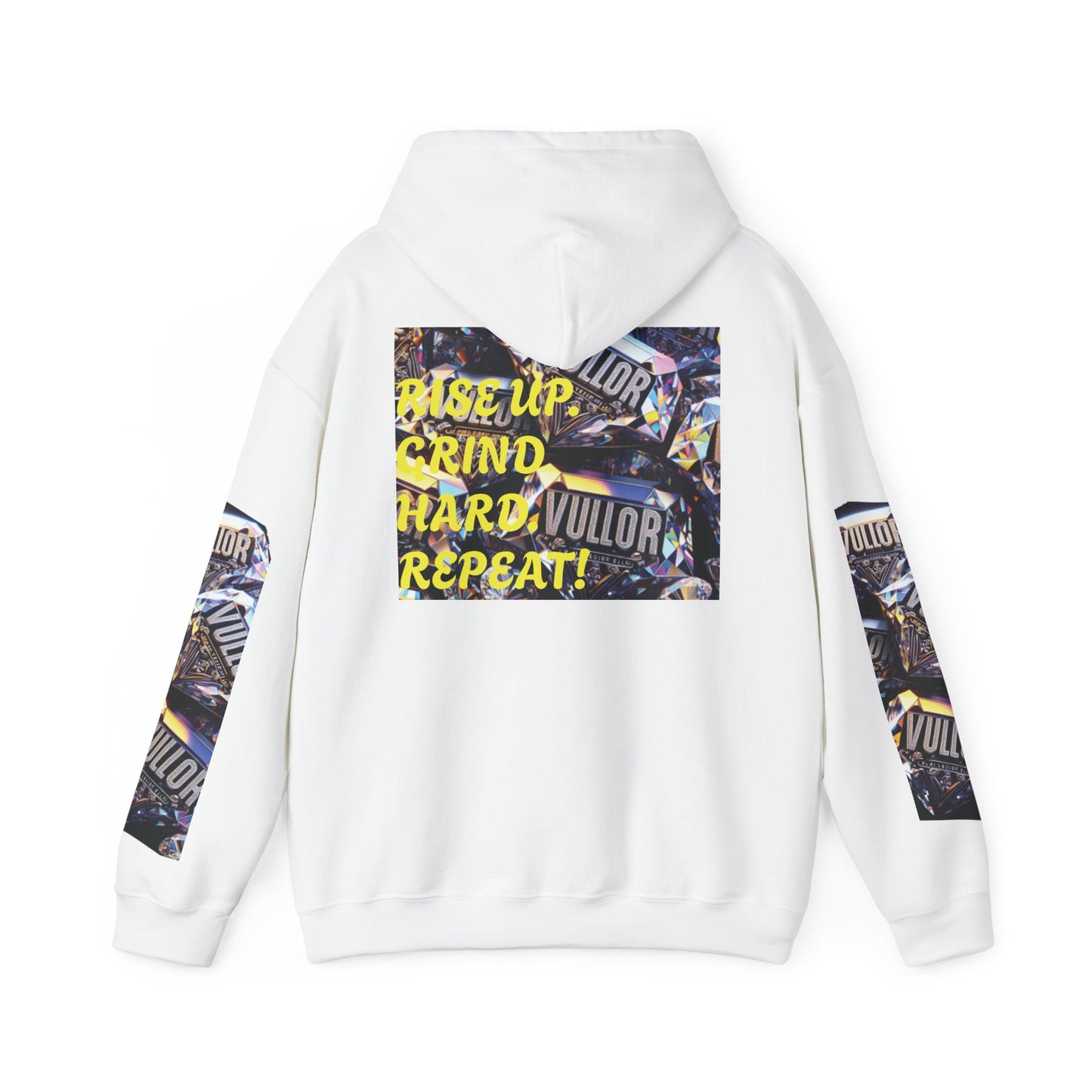 VULLOR 4K DIAMOND ENGRAVED HOODIE, DRIP COLLECTION, LUXURY, "Rise Up Grind Hard Repeat!" Motivational Graphic Hoodie - Unisex Heavy Blend™