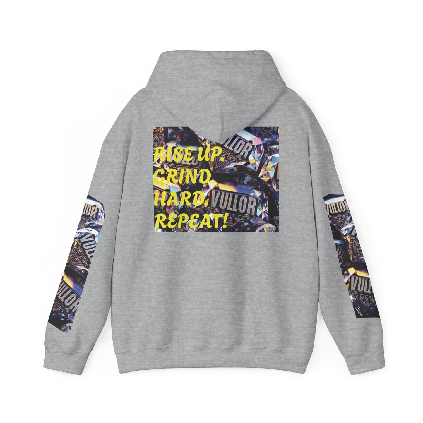 VULLOR 4K DIAMOND ENGRAVED HOODIE, DRIP COLLECTION, LUXURY, "Rise Up Grind Hard Repeat!" Motivational Graphic Hoodie - Unisex Heavy Blend™