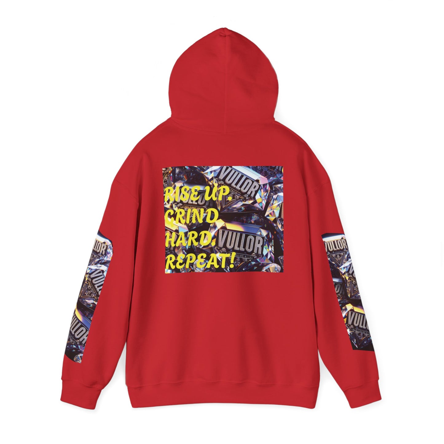 VULLOR 4K DIAMOND ENGRAVED HOODIE, DRIP COLLECTION, LUXURY, "Rise Up Grind Hard Repeat!" Motivational Graphic Hoodie - Unisex Heavy Blend™