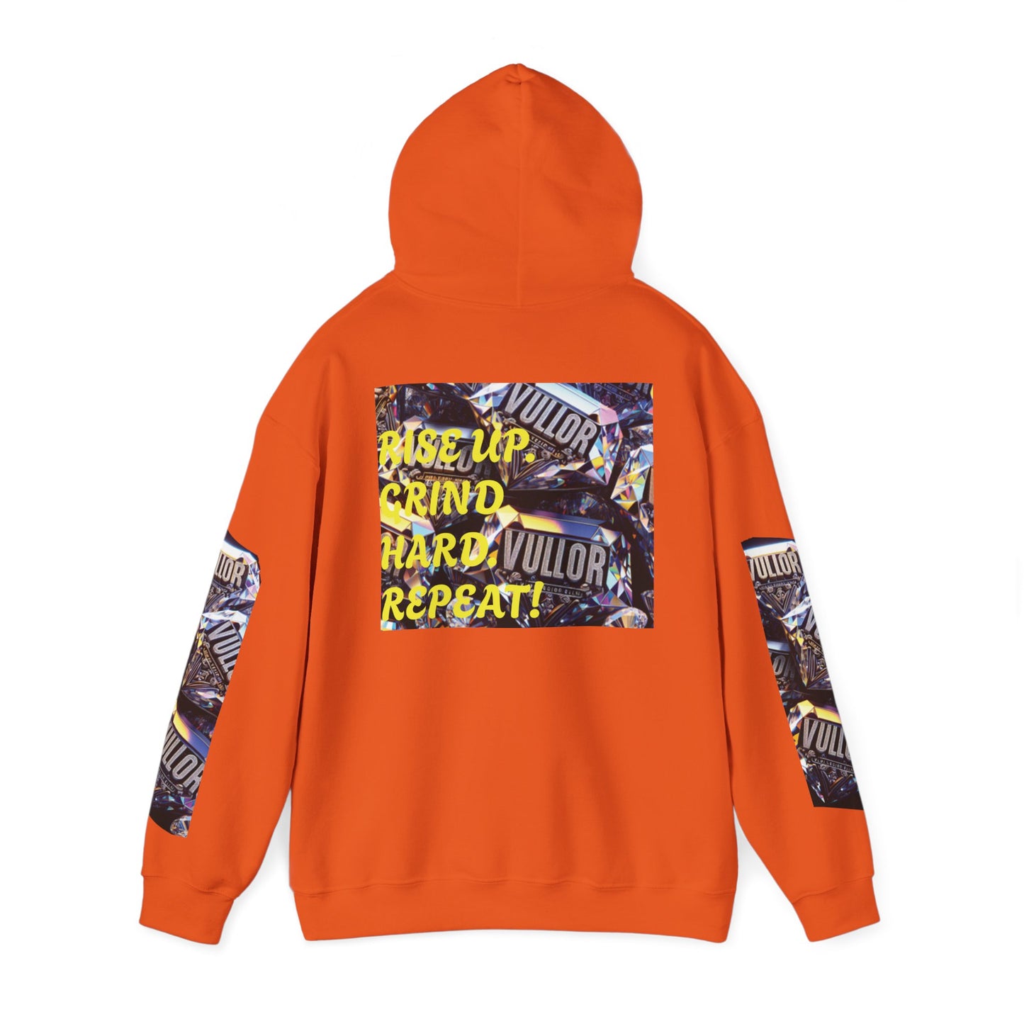 VULLOR 4K DIAMOND ENGRAVED HOODIE, DRIP COLLECTION, LUXURY, "Rise Up Grind Hard Repeat!" Motivational Graphic Hoodie - Unisex Heavy Blend™