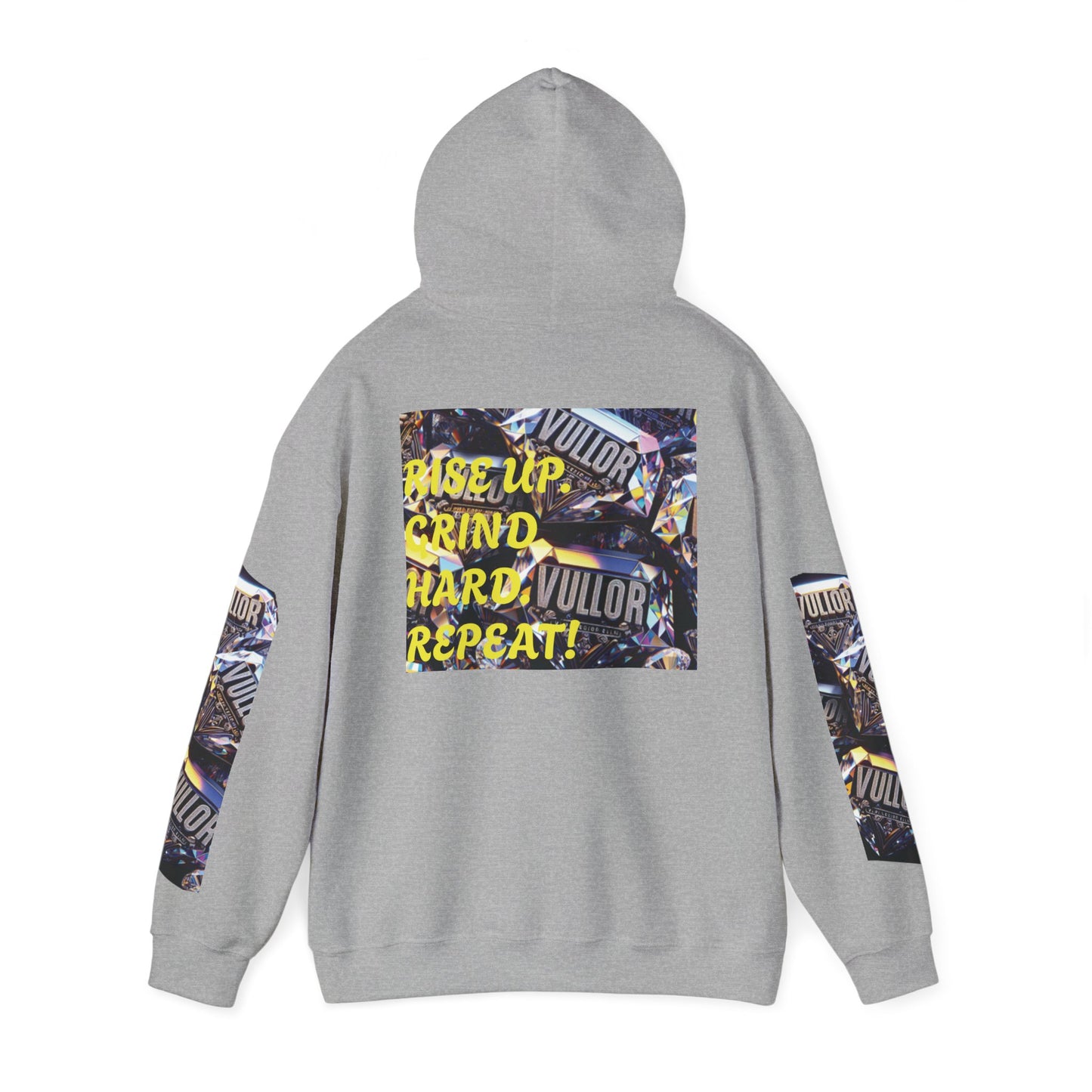 VULLOR 4K DIAMOND ENGRAVED HOODIE, DRIP COLLECTION, LUXURY, "Rise Up Grind Hard Repeat!" Motivational Graphic Hoodie - Unisex Heavy Blend™