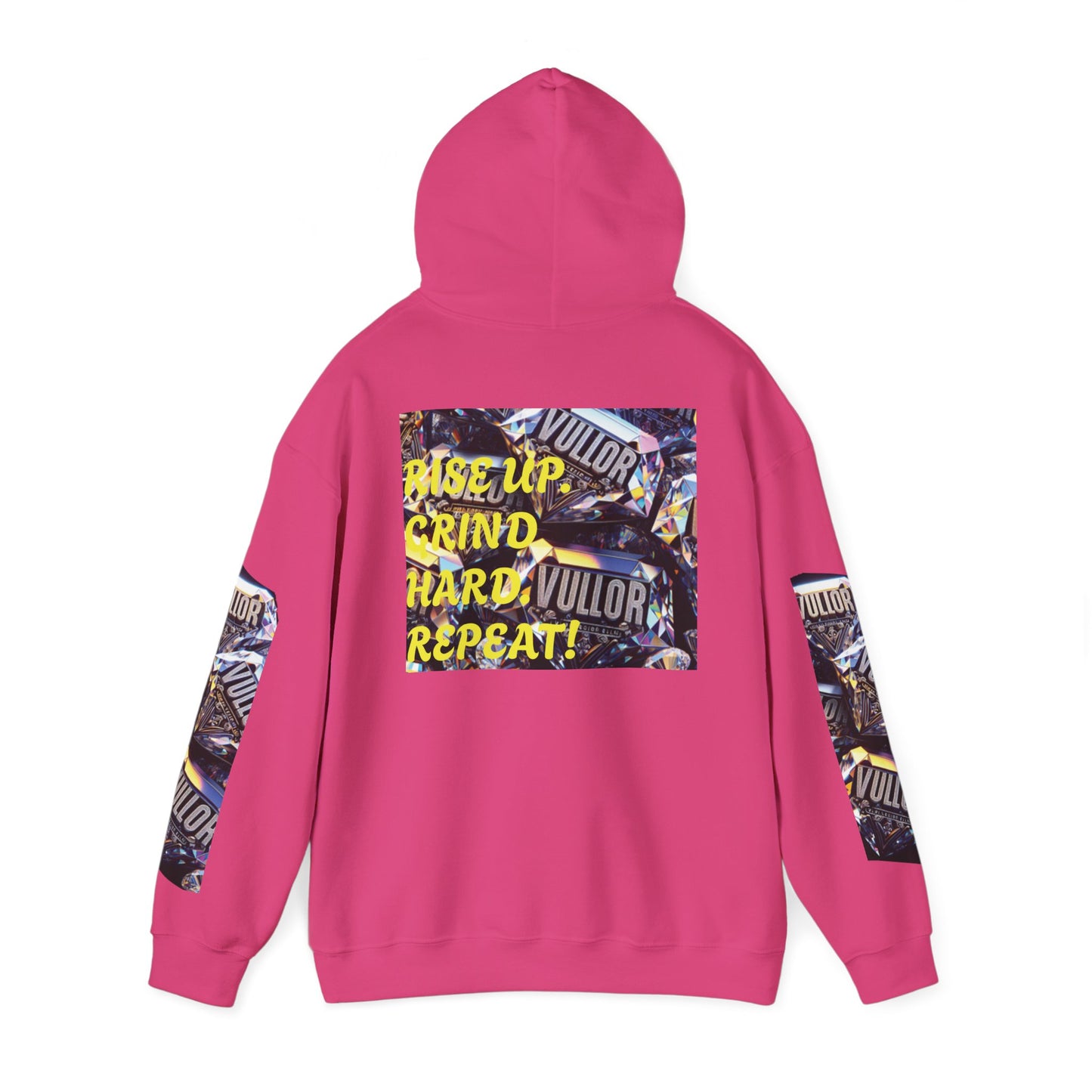 VULLOR 4K DIAMOND ENGRAVED HOODIE, DRIP COLLECTION, LUXURY, "Rise Up Grind Hard Repeat!" Motivational Graphic Hoodie - Unisex Heavy Blend™