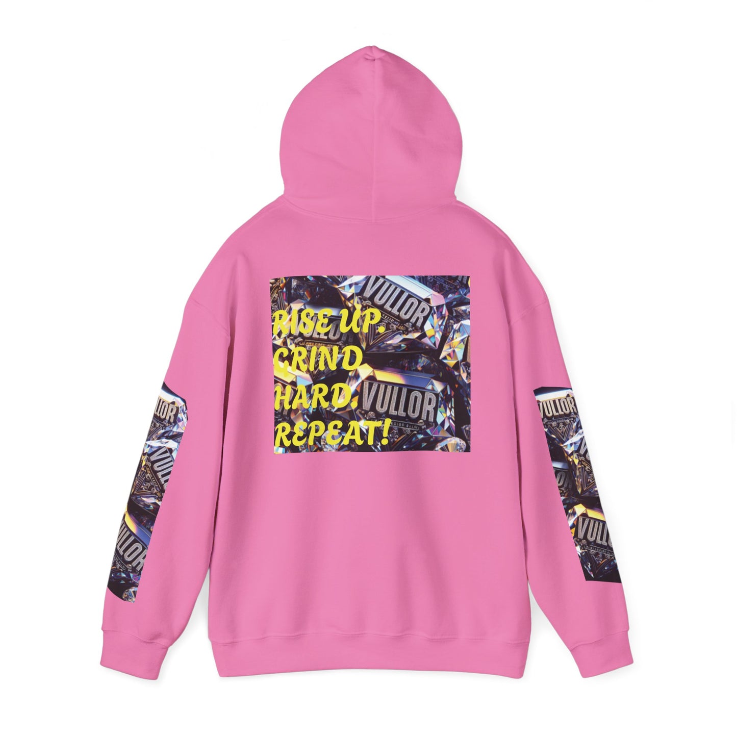 VULLOR 4K DIAMOND ENGRAVED HOODIE, DRIP COLLECTION, LUXURY, "Rise Up Grind Hard Repeat!" Motivational Graphic Hoodie - Unisex Heavy Blend™