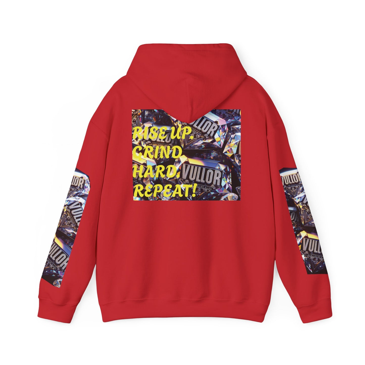VULLOR 4K DIAMOND ENGRAVED HOODIE, DRIP COLLECTION, LUXURY, "Rise Up Grind Hard Repeat!" Motivational Graphic Hoodie - Unisex Heavy Blend™