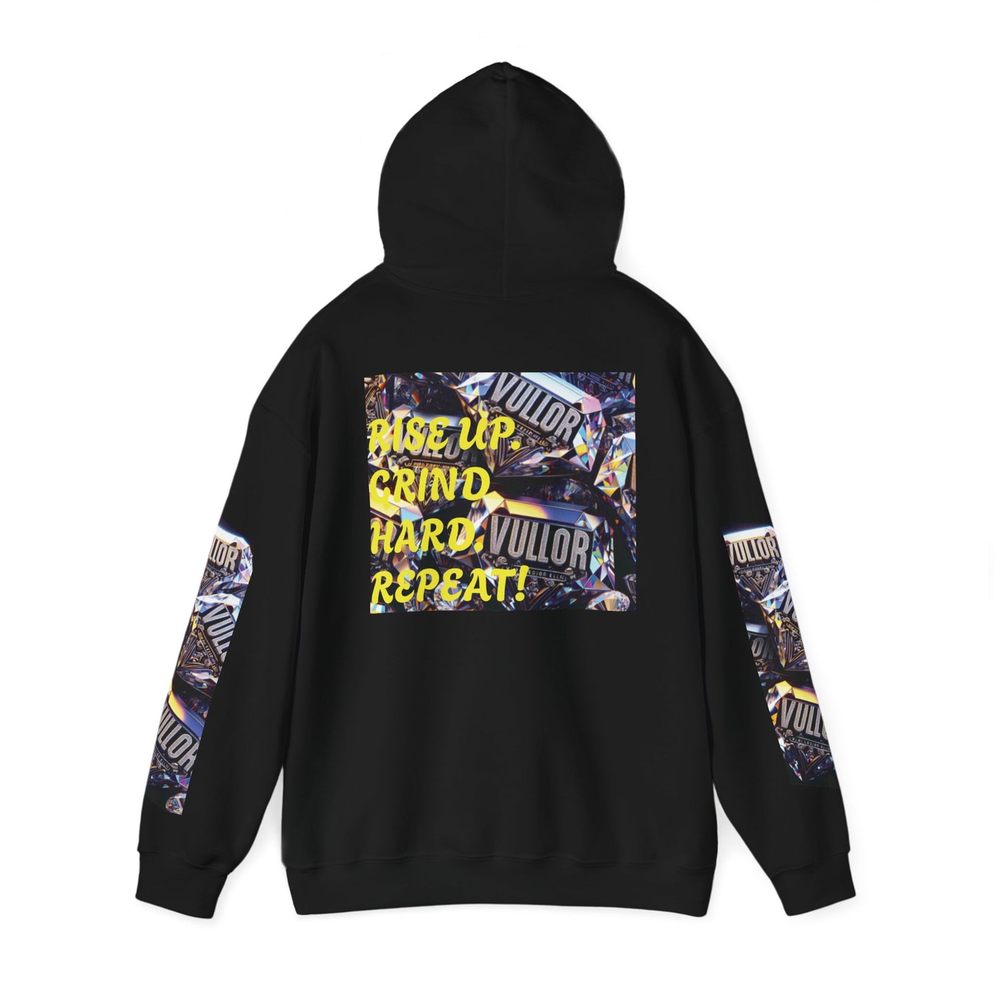 VULLOR 4K DIAMOND ENGRAVED HOODIE, DRIP COLLECTION, LUXURY, "Rise Up Grind Hard Repeat!" Motivational Graphic Hoodie - Unisex Heavy Blend™
