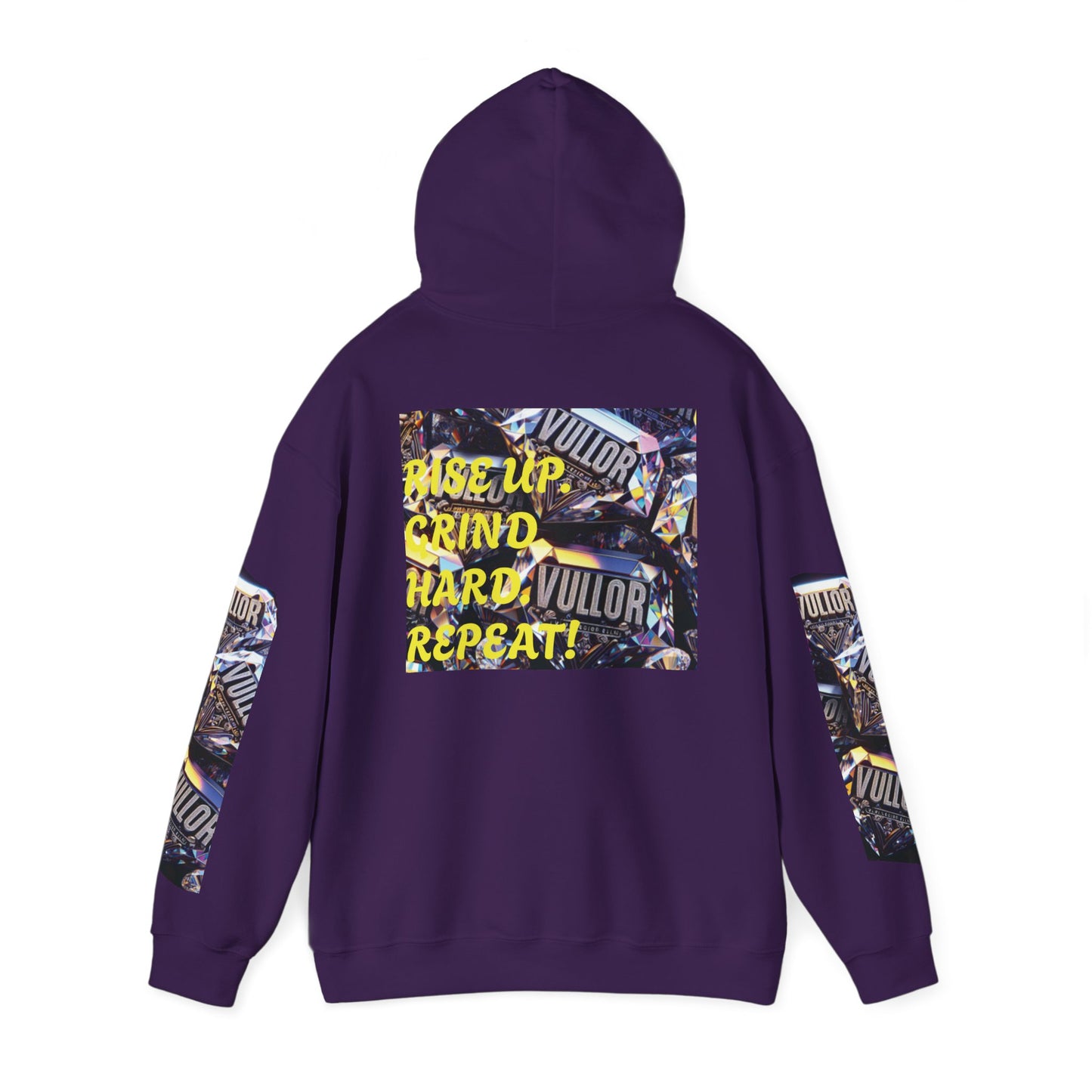 VULLOR 4K DIAMOND ENGRAVED HOODIE, DRIP COLLECTION, LUXURY, "Rise Up Grind Hard Repeat!" Motivational Graphic Hoodie - Unisex Heavy Blend™