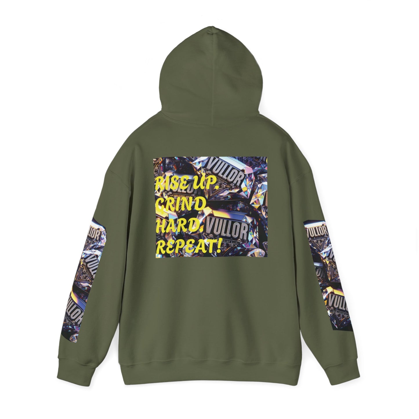 VULLOR 4K DIAMOND ENGRAVED HOODIE, DRIP COLLECTION, LUXURY, "Rise Up Grind Hard Repeat!" Motivational Graphic Hoodie - Unisex Heavy Blend™