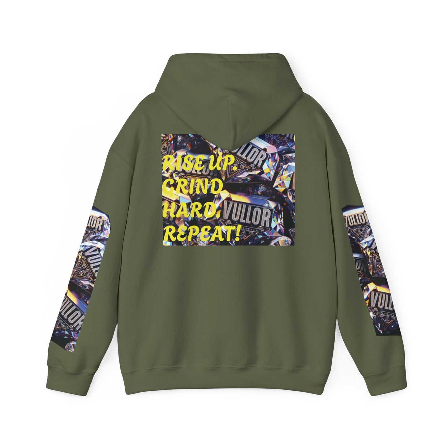 VULLOR 4K DIAMOND ENGRAVED HOODIE, DRIP COLLECTION, LUXURY, "Rise Up Grind Hard Repeat!" Motivational Graphic Hoodie - Unisex Heavy Blend™