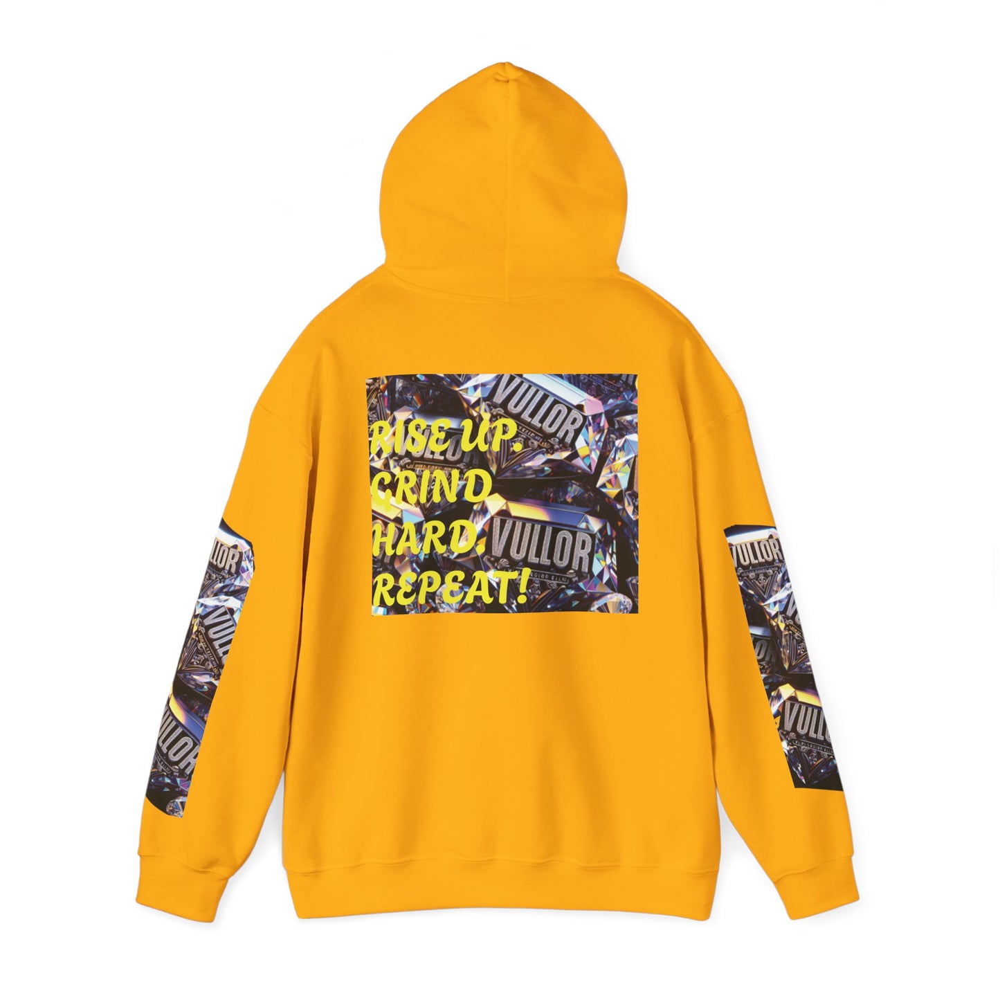 VULLOR 4K DIAMOND ENGRAVED HOODIE, DRIP COLLECTION, LUXURY, "Rise Up Grind Hard Repeat!" Motivational Graphic Hoodie - Unisex Heavy Blend™