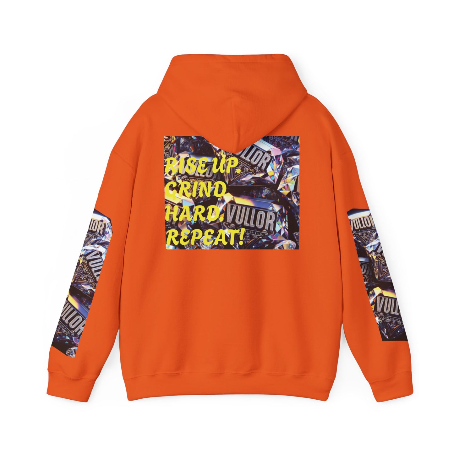 VULLOR 4K DIAMOND ENGRAVED HOODIE, DRIP COLLECTION, LUXURY, "Rise Up Grind Hard Repeat!" Motivational Graphic Hoodie - Unisex Heavy Blend™