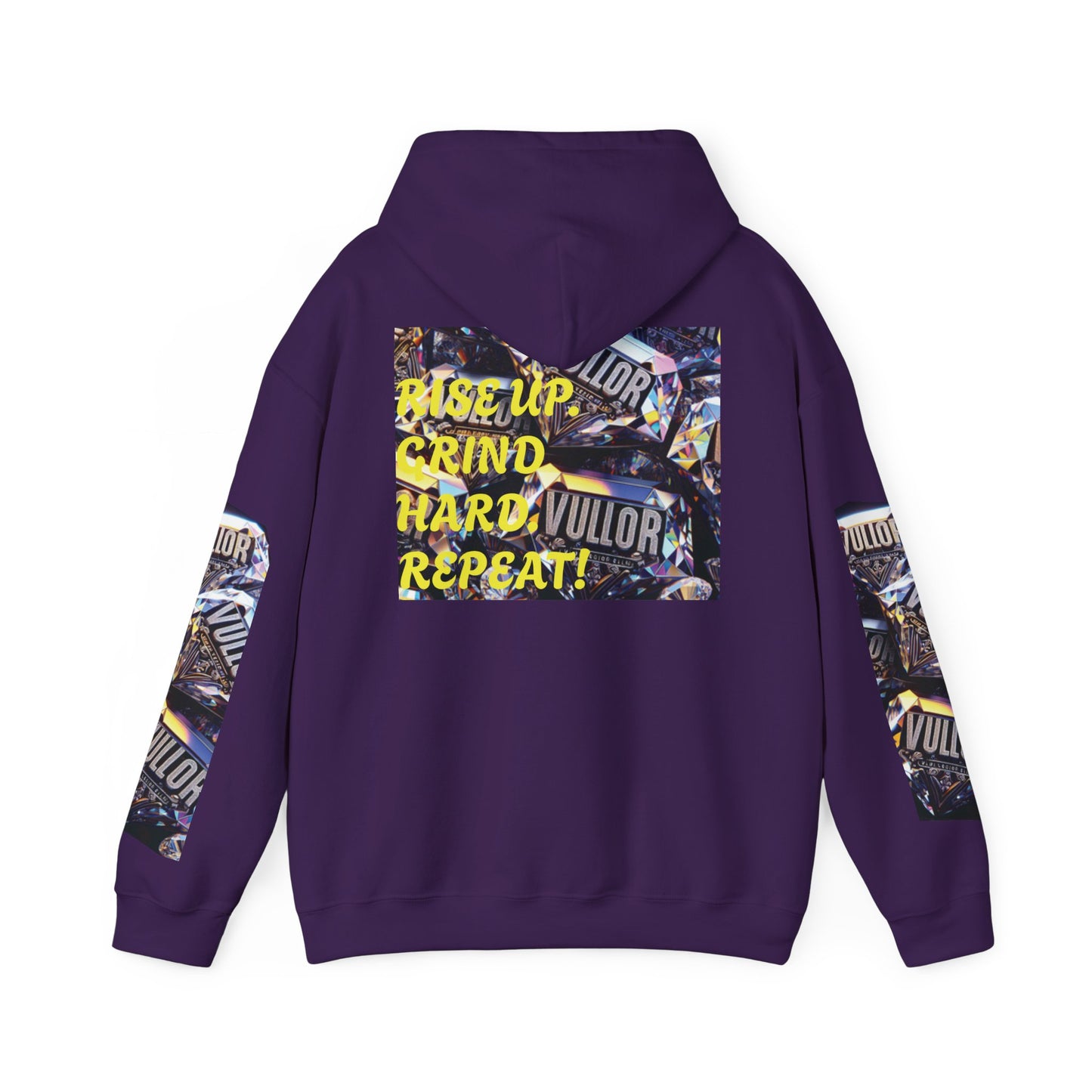 VULLOR 4K DIAMOND ENGRAVED HOODIE, DRIP COLLECTION, LUXURY, "Rise Up Grind Hard Repeat!" Motivational Graphic Hoodie - Unisex Heavy Blend™